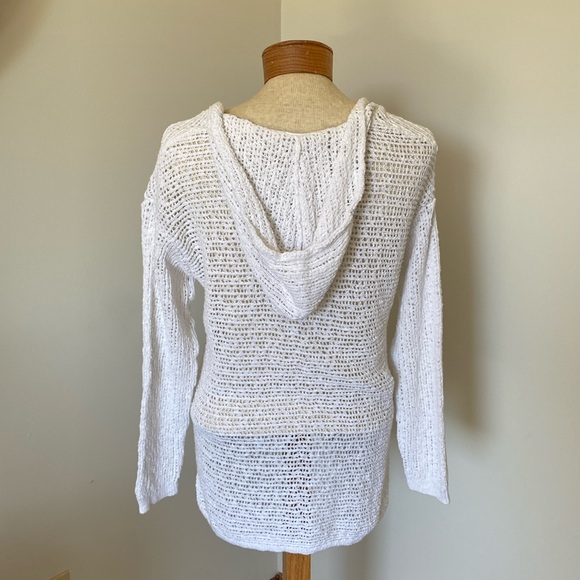 J Jill White Knit open weave V-Neck Sweater with hood Sz S petite 100% cotton - Picture 4 of 9